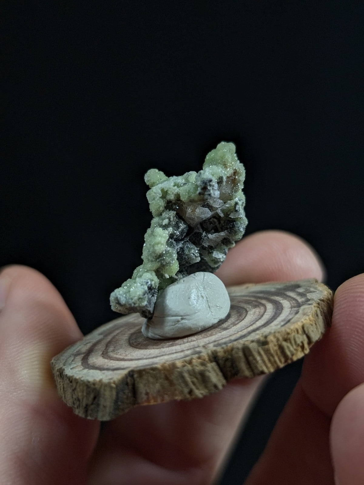 A delicate green and white mineral specimen with a crystalline, textured surface rests on a smooth, light-colored stone base atop a rustic wooden slice.