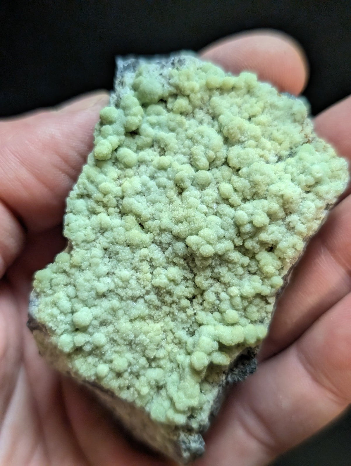 A hand holds a rough, irregularly shaped mineral specimen featuring dense clusters of pale green, rounded nodules covering its surface.