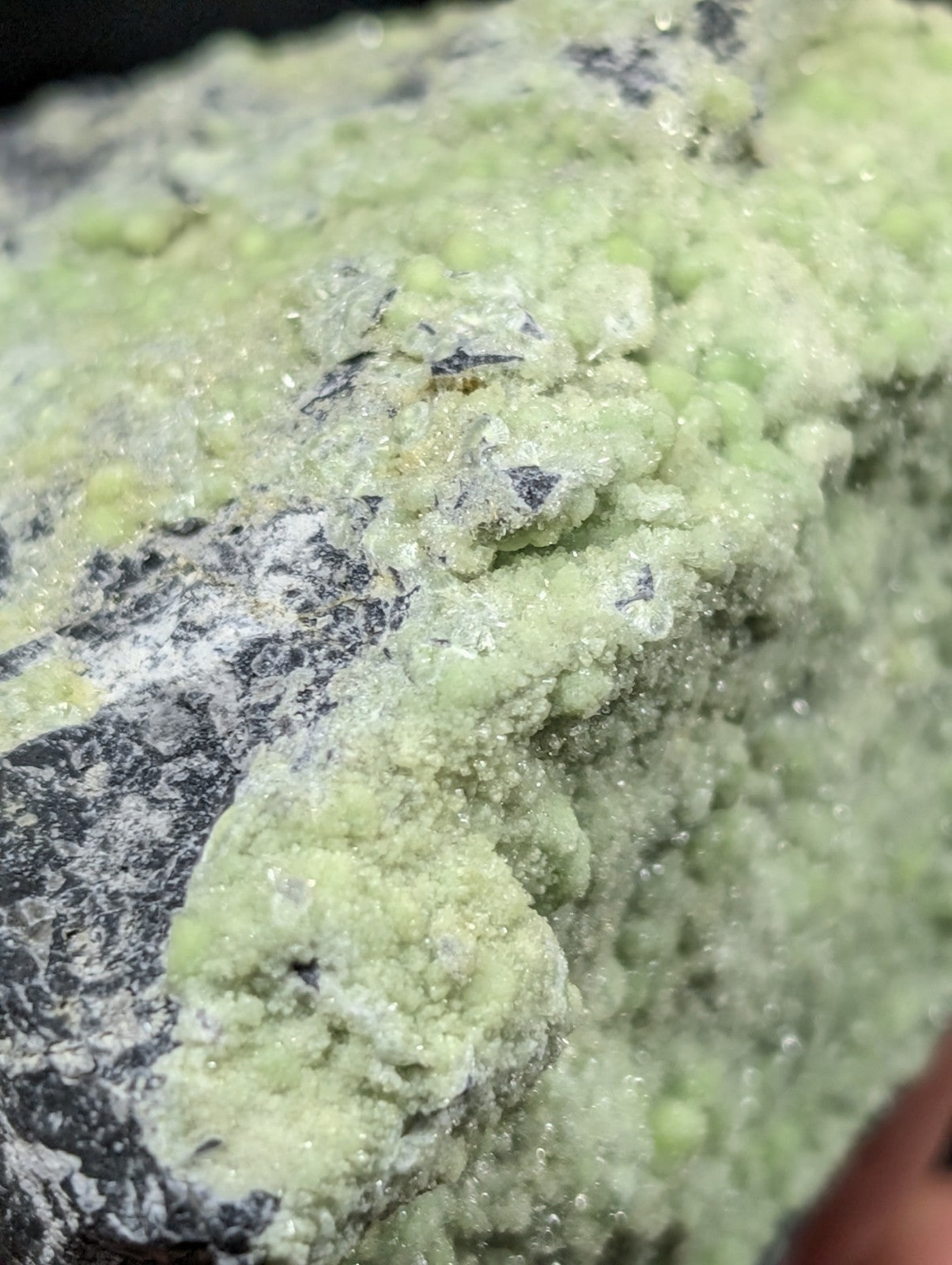 A vibrant, light green mineral specimen with a crystalline texture and scattered dark inclusions.