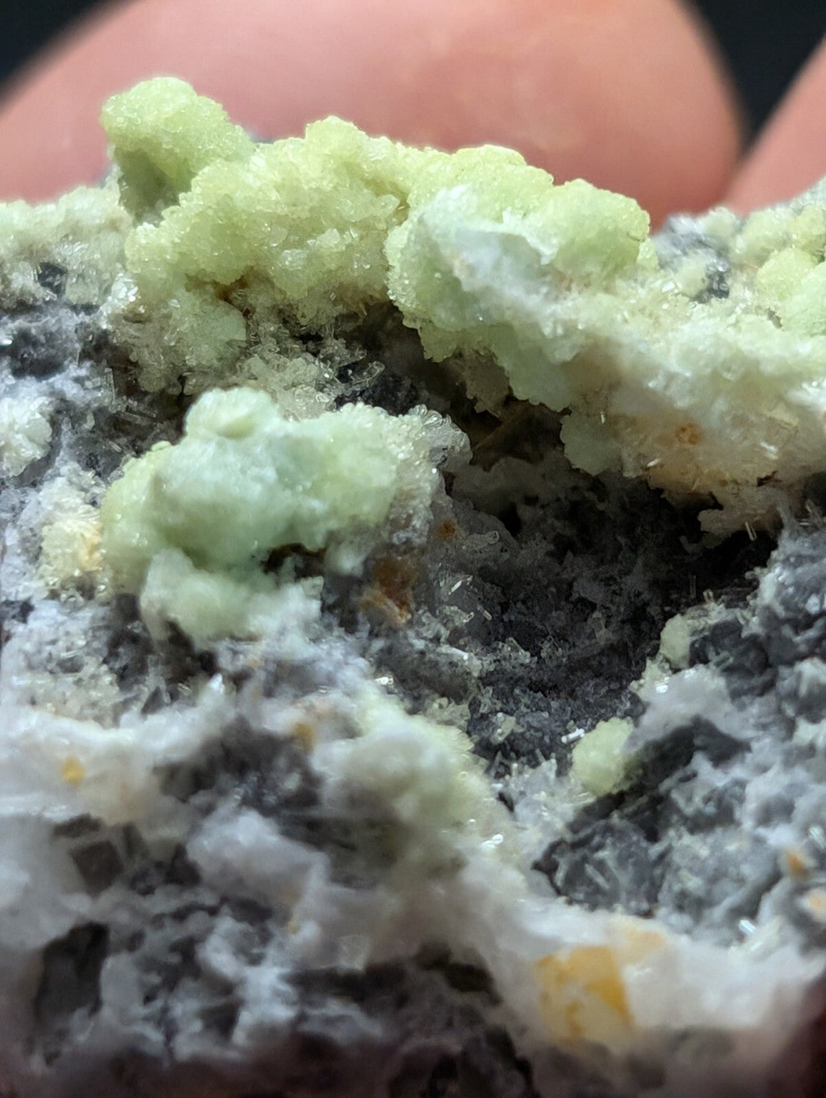 A close-up of a mineral specimen featuring light green, crystalline formations growing over a dark gray and white matrix.