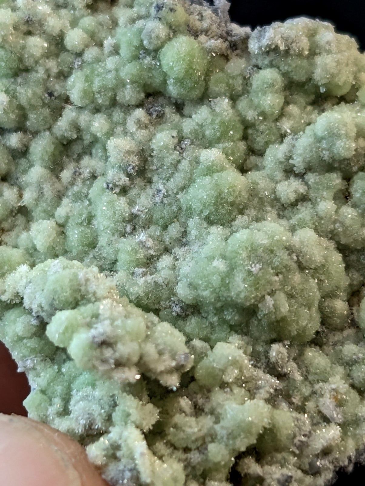 A cluster of translucent, light green crystalline formations with a textured, bubbly surface.