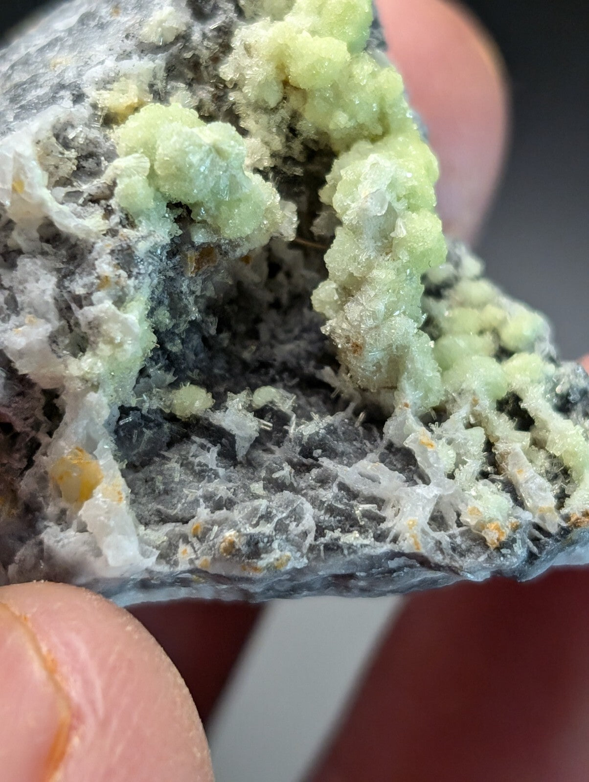 A hand holds a mineral specimen featuring vibrant green, crystalline formations growing from a dark gray matrix with white and yellowish inclusions.