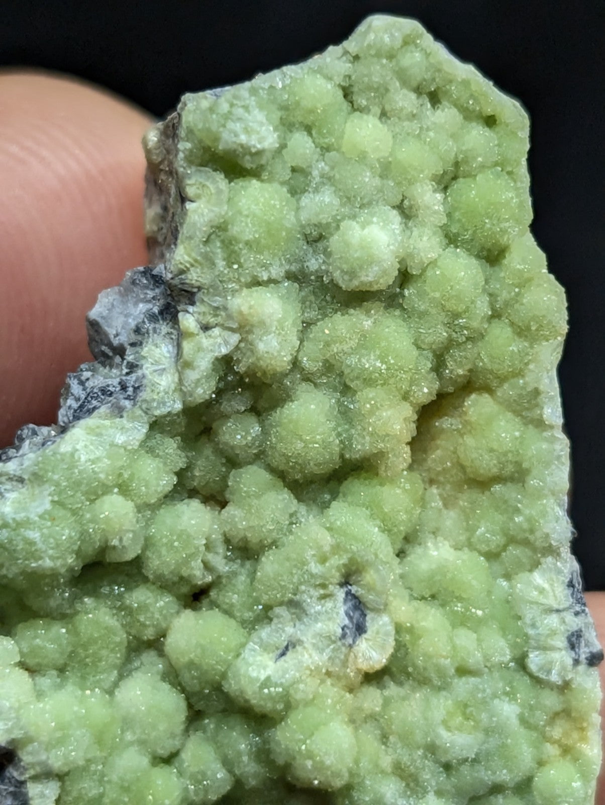 A vibrant green, crystalline mineral specimen with a textured surface of rounded growths and embedded darker matrix.