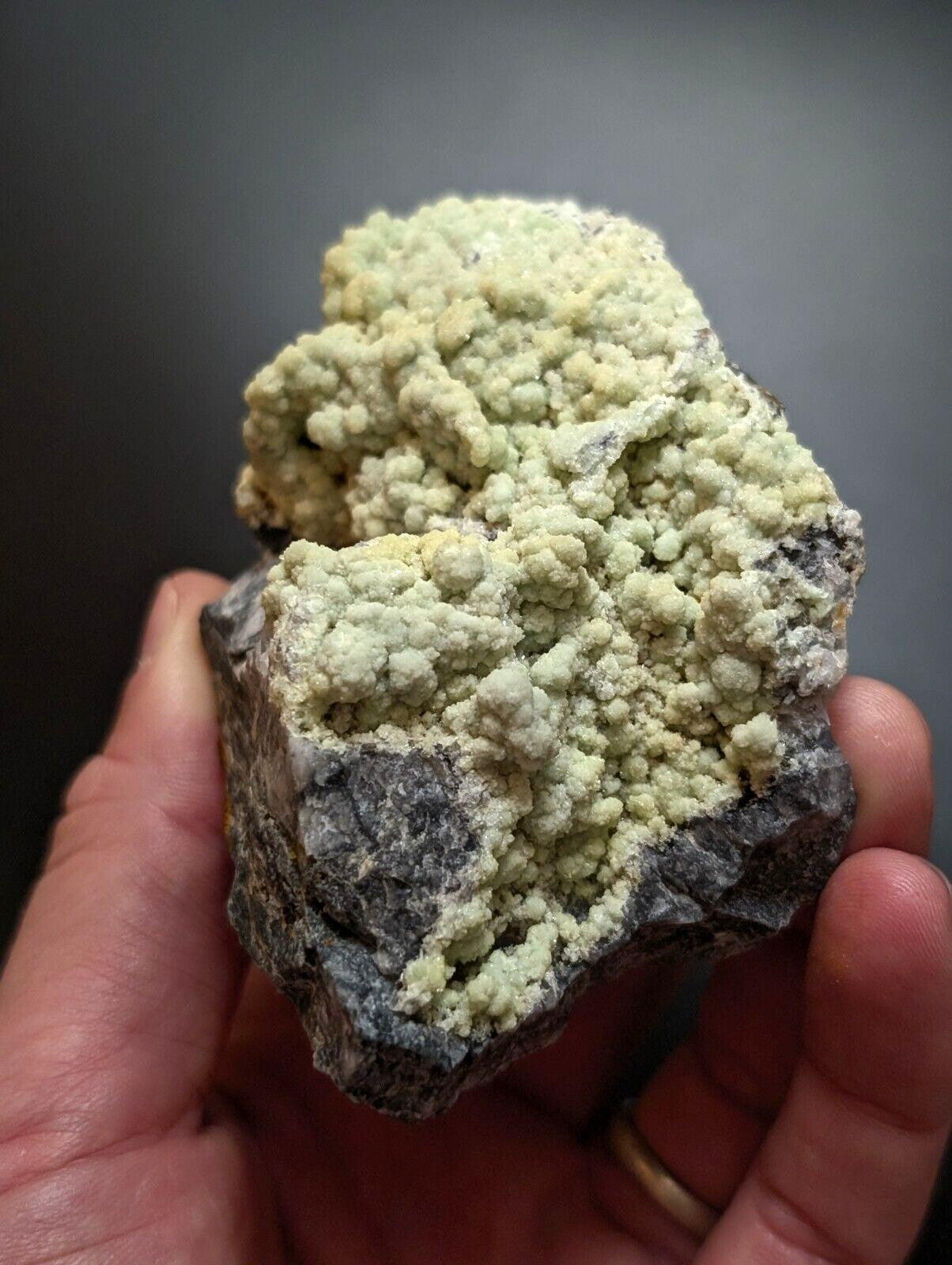 A hand holds a geological specimen featuring clusters of pale green, crystalline formations growing over a dark gray rock base.