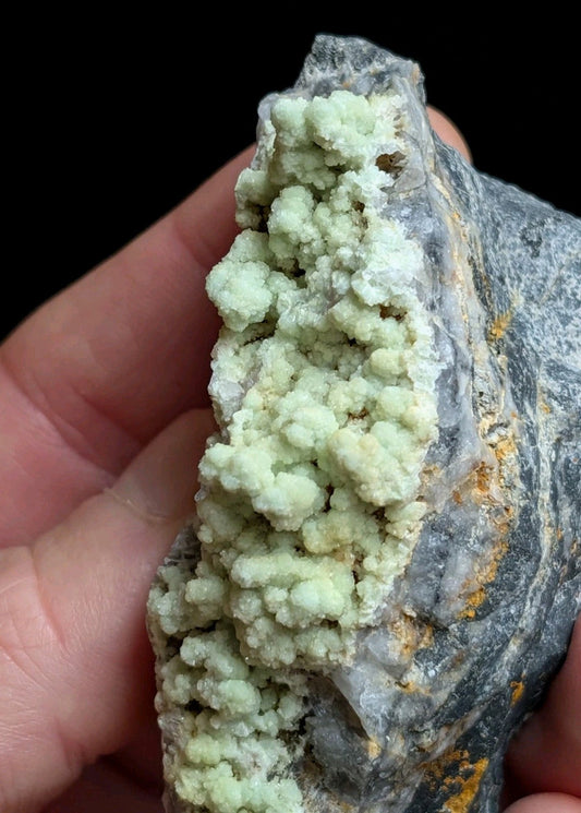 A hand holds a geological specimen featuring light green, clustered mineral formations growing from a dark gray rock matrix with subtle orange streaks.