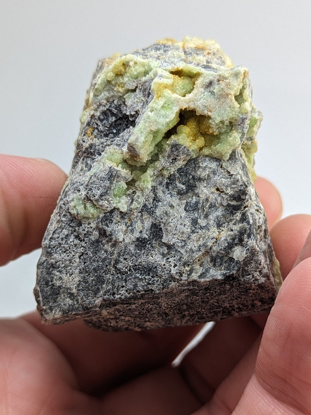 A hand holds a rough, dark gray rock specimen featuring vibrant green and yellow mineral formations on its surface.