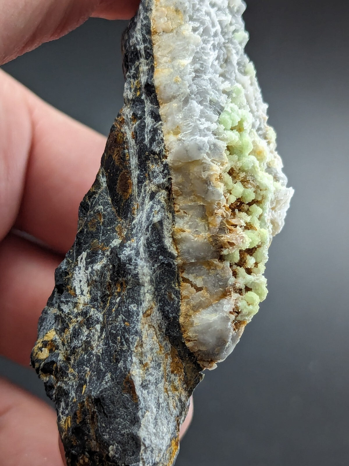 A hand holds a striking mineral specimen featuring a dark, rugged matrix with vibrant green and white crystalline formations.