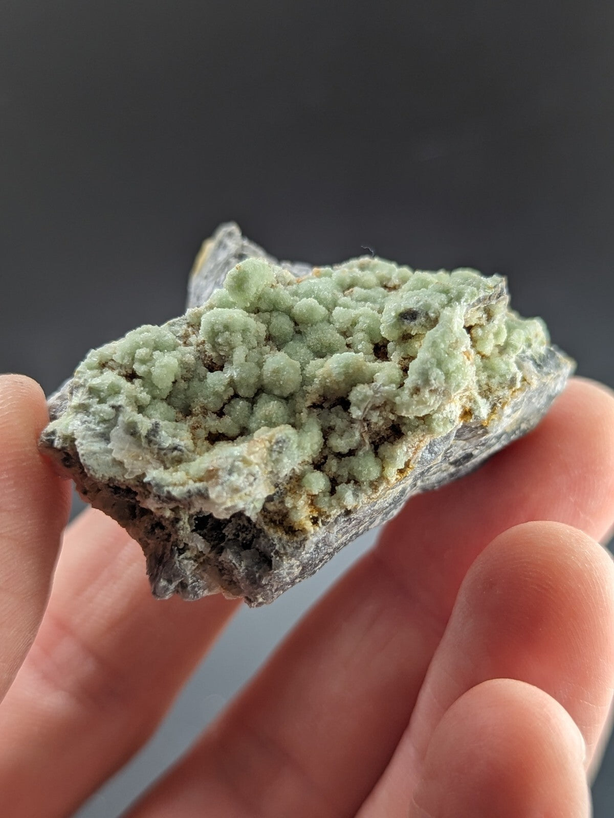 A hand holds a rough, irregularly shaped mineral specimen featuring clusters of light green, bumpy crystals growing from a darker gray matrix.