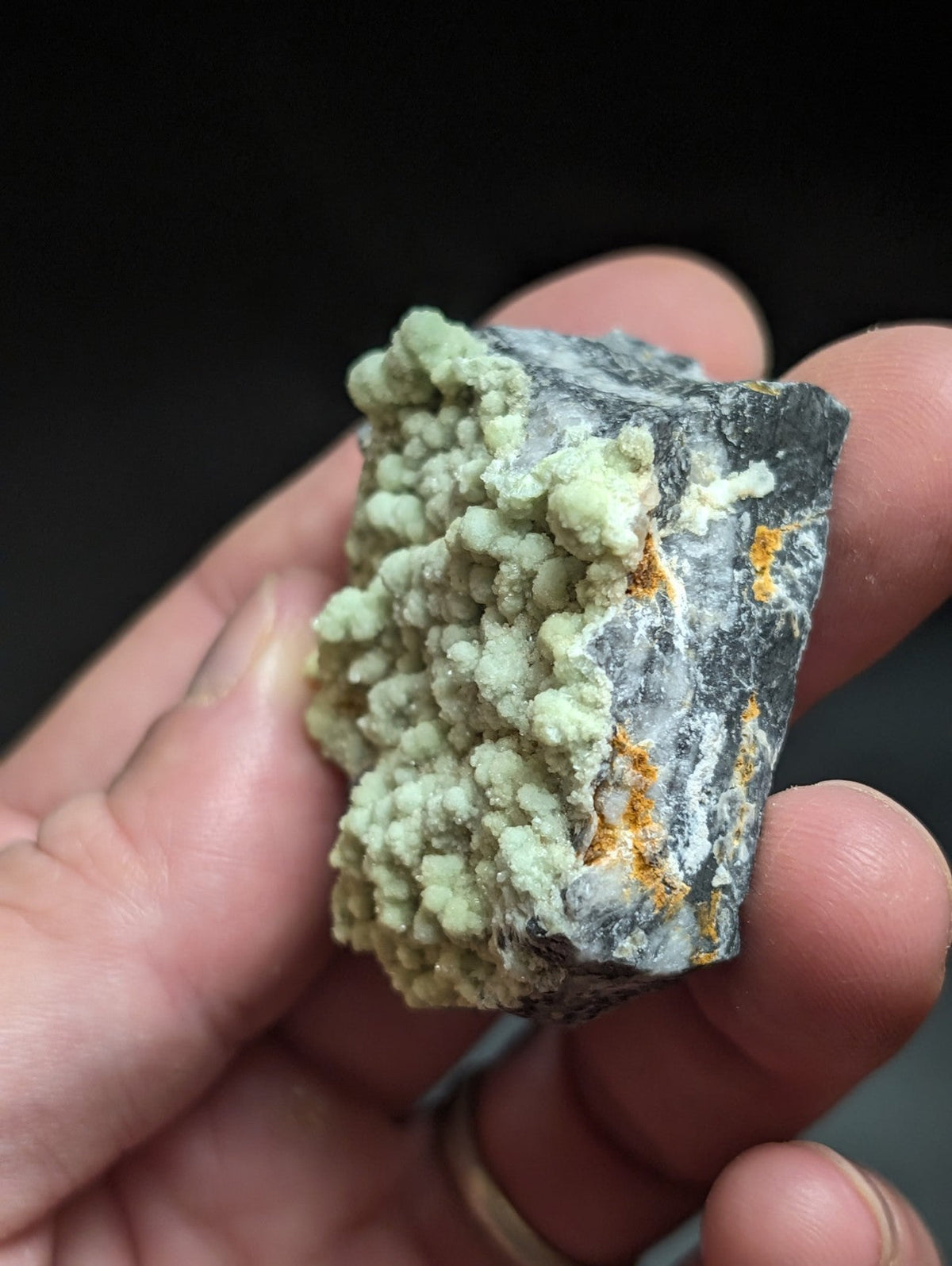 A hand holds a dark gray rock specimen featuring light green, clustered mineral formations and streaks of orange.