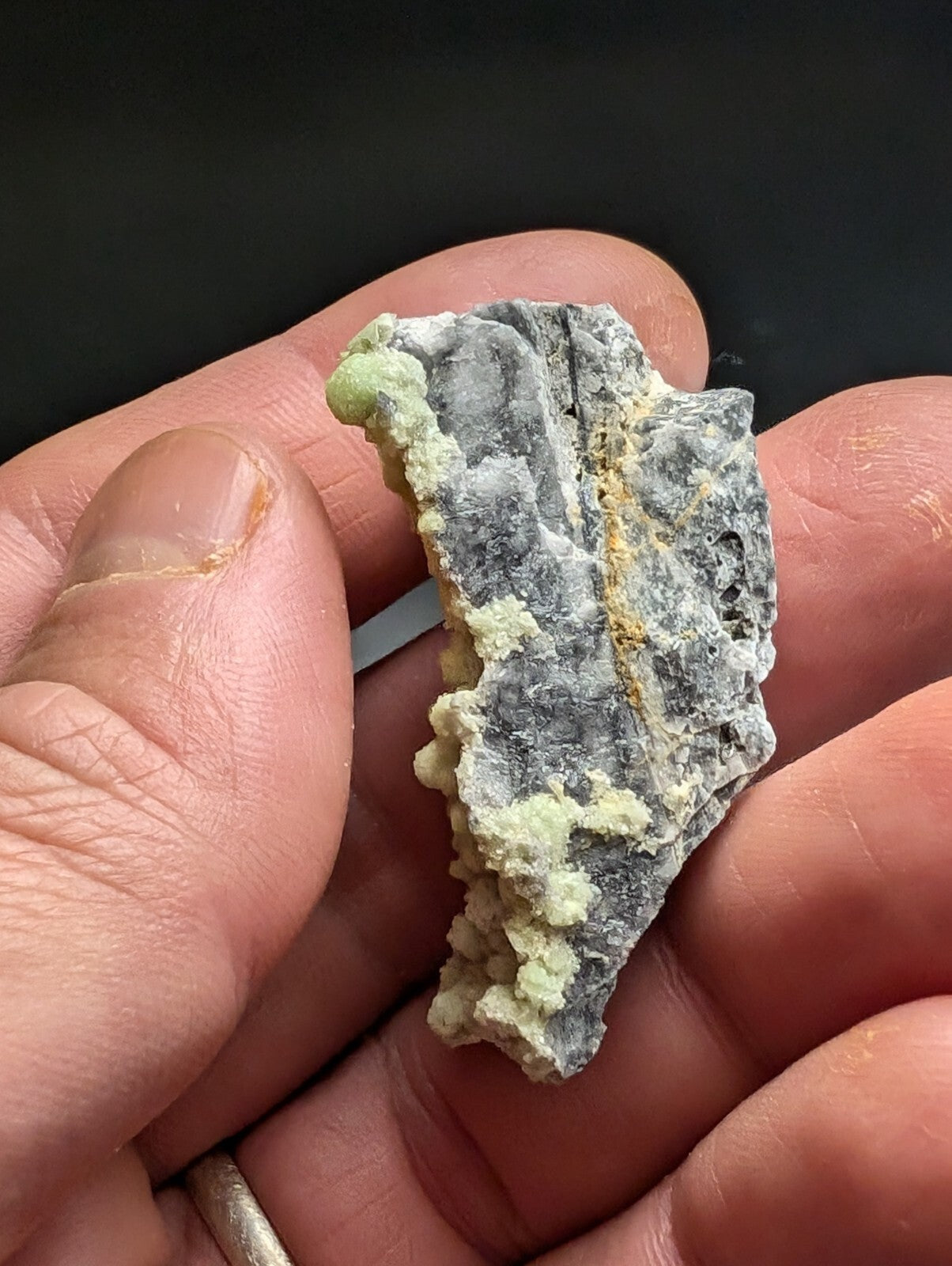 A textured gray rock specimen with patches of pale green mineral growth.