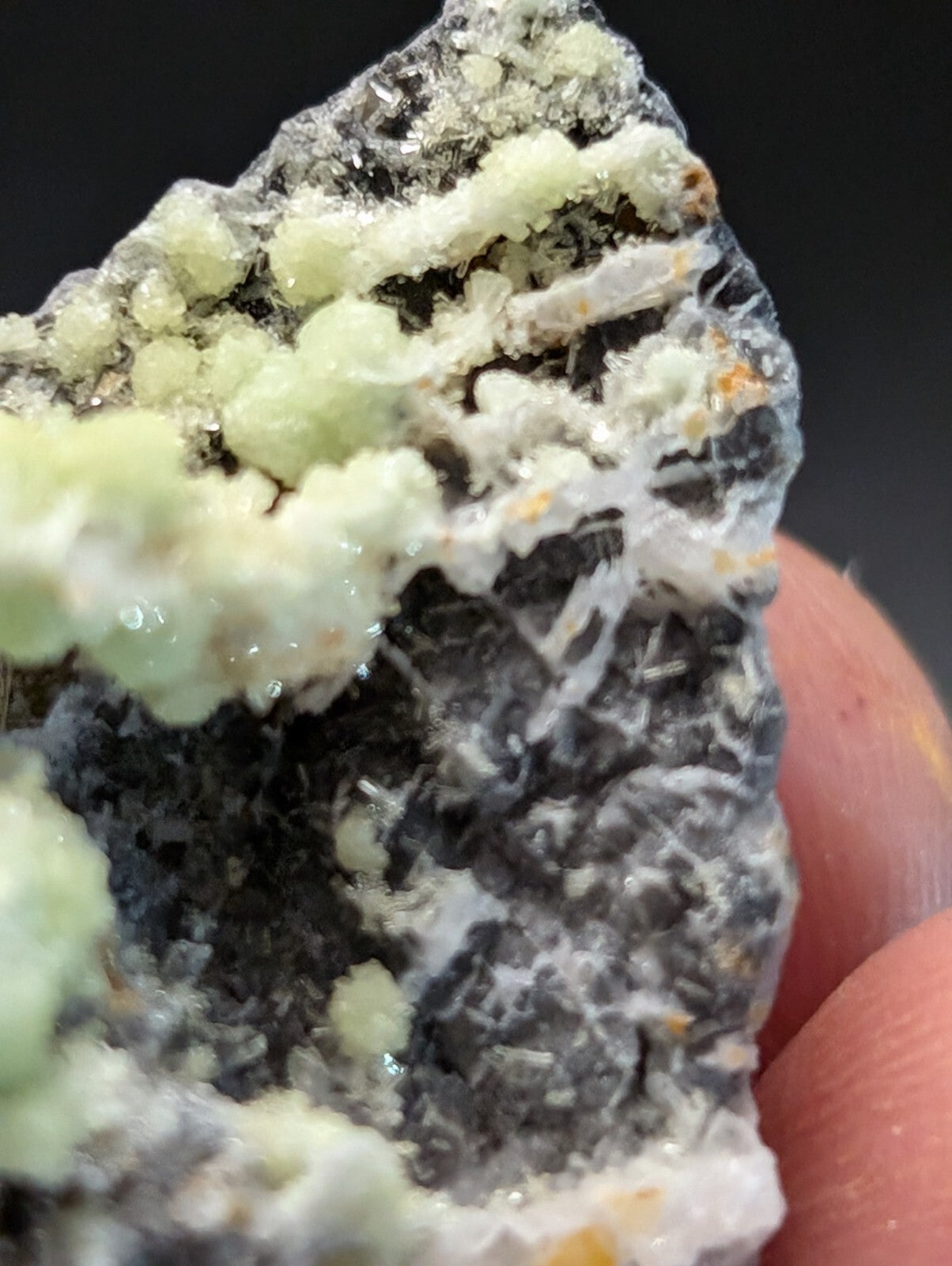 A hand holds a mineral specimen featuring clusters of pale green, translucent crystals growing over a dark gray matrix with white veining.