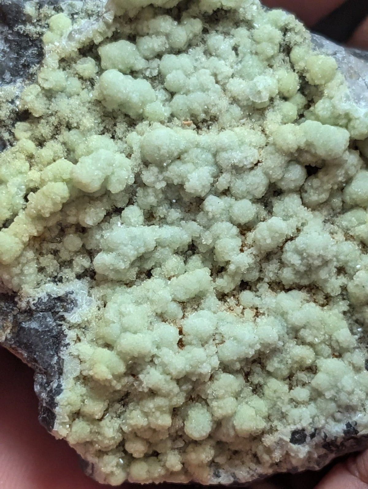 A pale green, crystalline mineral formation with a rough, textured surface and small, rounded crystals growing from a darker rock base.