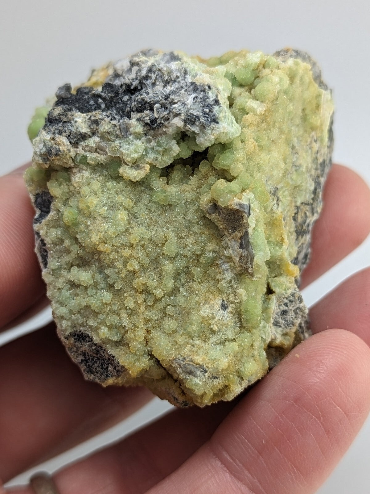 A hand holds a rough, irregularly shaped mineral specimen featuring a textured surface with prominent light green crystalline formations and patches of dark gray matrix.