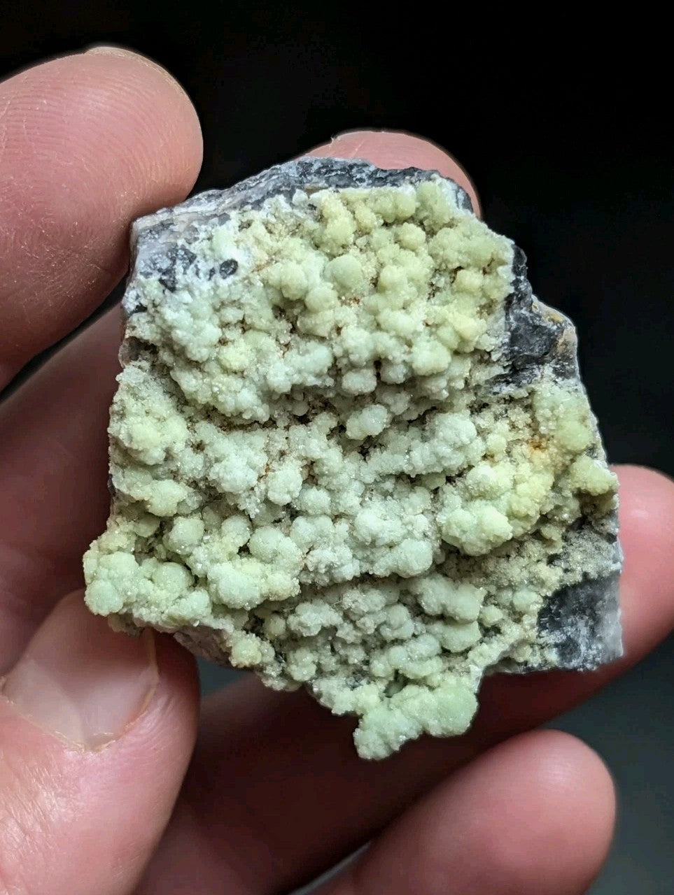 A hand holds a rough, irregularly shaped mineral specimen featuring clusters of pale greenish-yellow crystalline formations against a darker gray matrix.