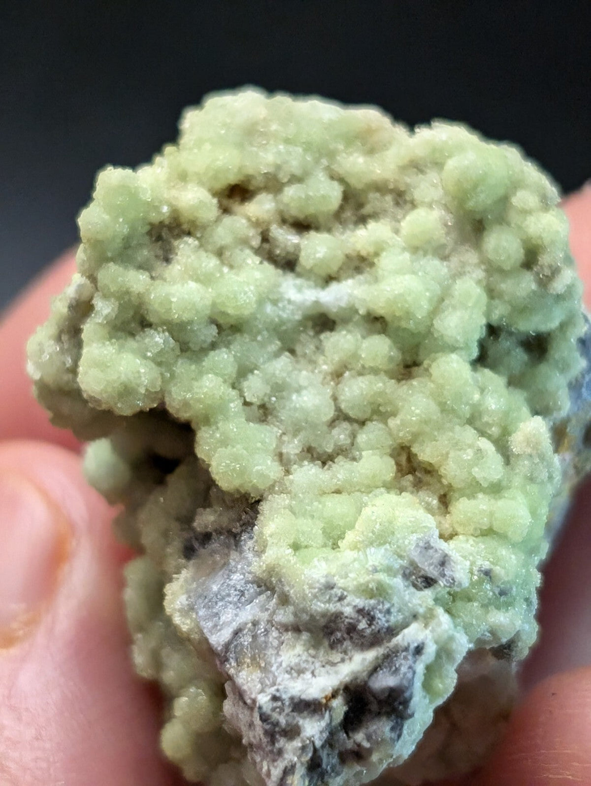 A cluster of pale green, bead-like crystals forming a textured mineral specimen with darker grayish matrix.
