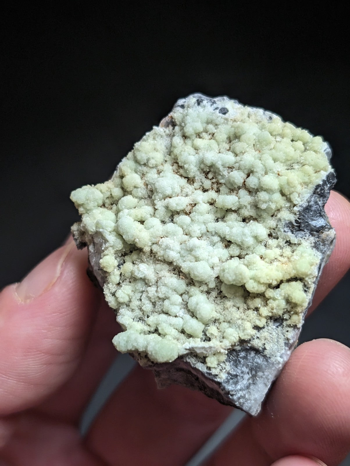 A hand holds a rough, irregularly shaped mineral specimen featuring clusters of pale greenish-yellow crystals growing over a dark gray rock base.