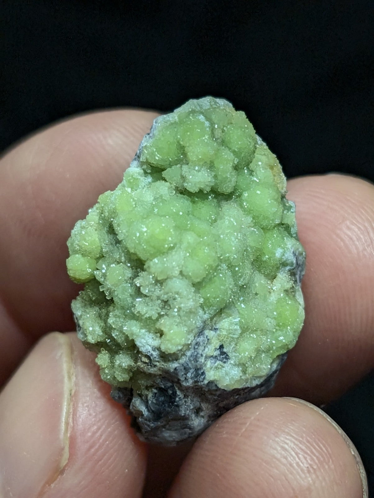 A vibrant green, crystalline mineral specimen with a textured surface and subtle white veining.