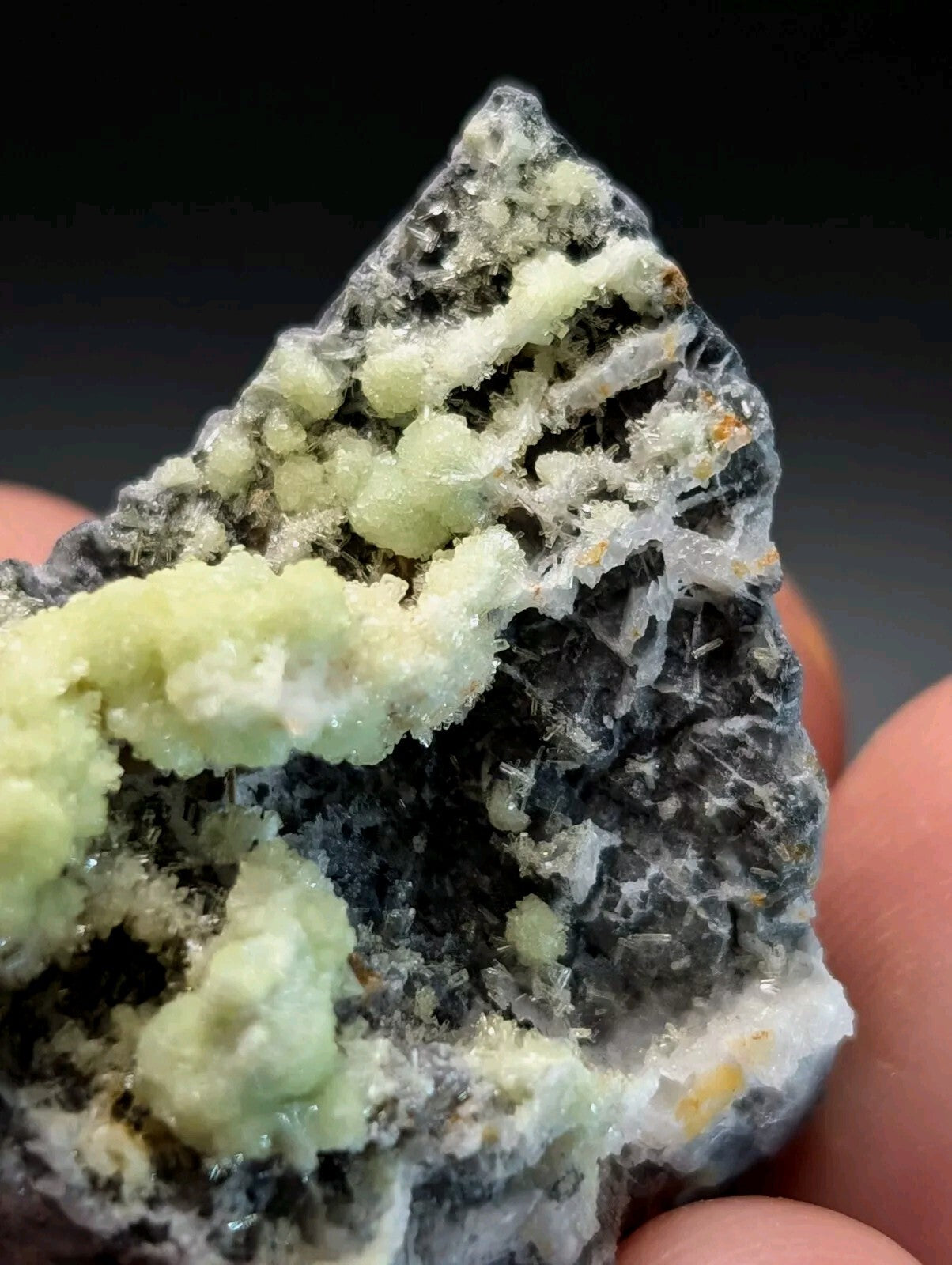 A striking greenish-yellow mineral specimen with crystalline formations set against a dark, textured matrix.
