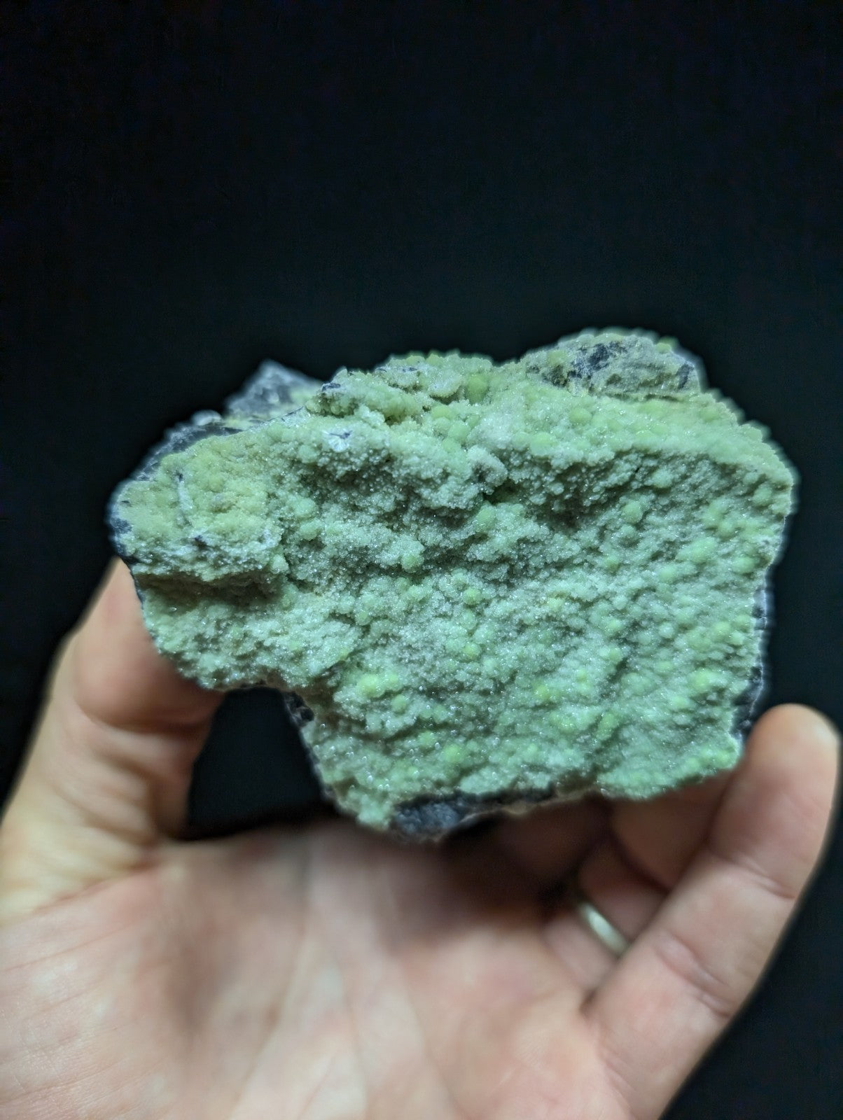 A hand holds a rough, irregularly shaped mineral specimen with a textured surface of light green crystals growing over darker grayish rock.