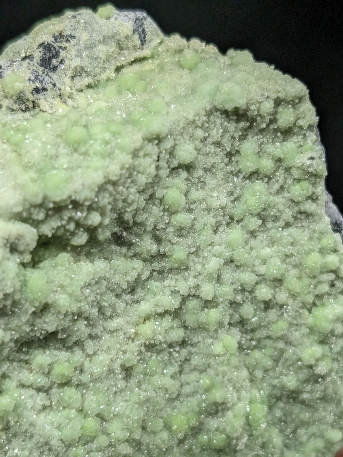 A vibrant green, crystalline mineral specimen with a textured surface of rounded, glittering formations.