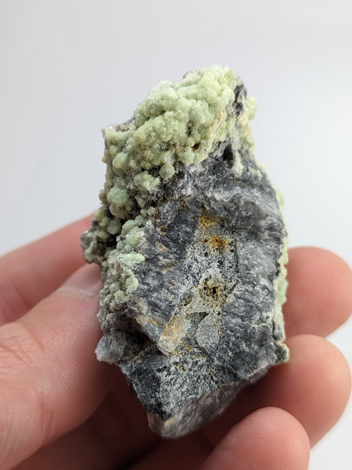 A hand holds a rough, irregularly shaped mineral specimen featuring a dark gray base with clusters of pale green crystalline growths.