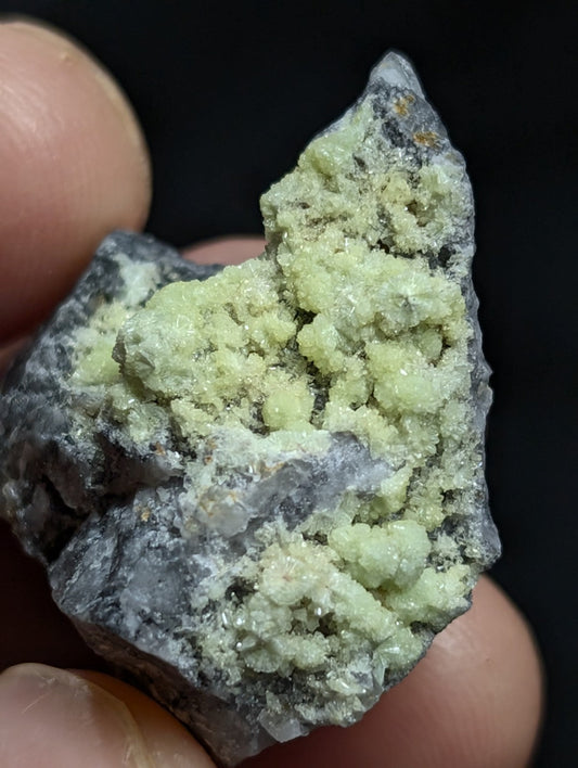 A hand holds a rough, irregularly shaped mineral specimen featuring clusters of pale green crystalline formations set against a darker gray matrix.