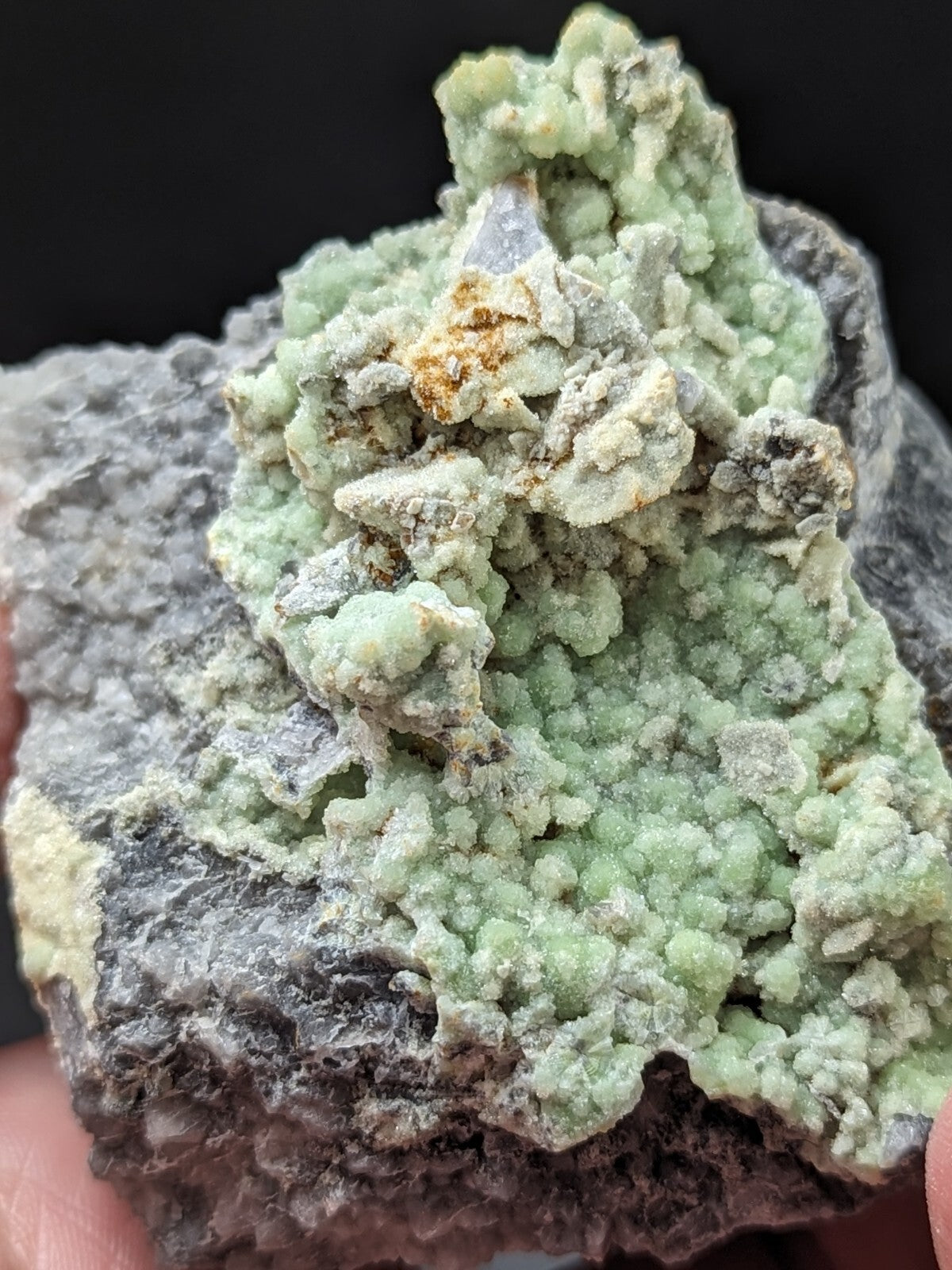 A textured, light green mineral specimen with a crystalline surface and patches of gray rock matrix.