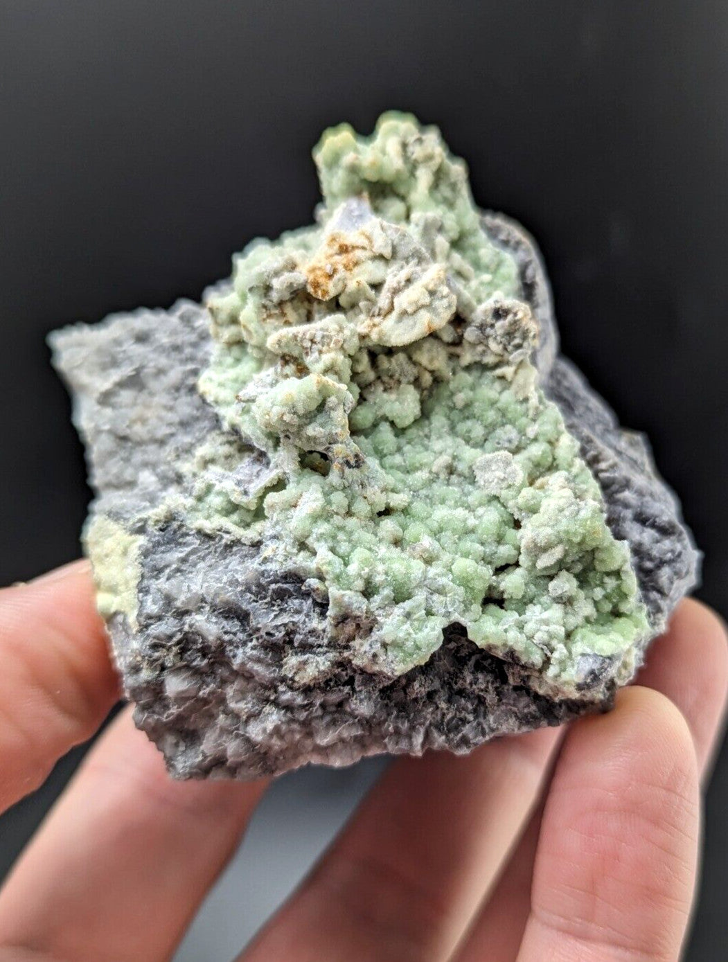 A hand holds a geological specimen featuring vibrant green, textured crystals growing atop a dark gray rock base.