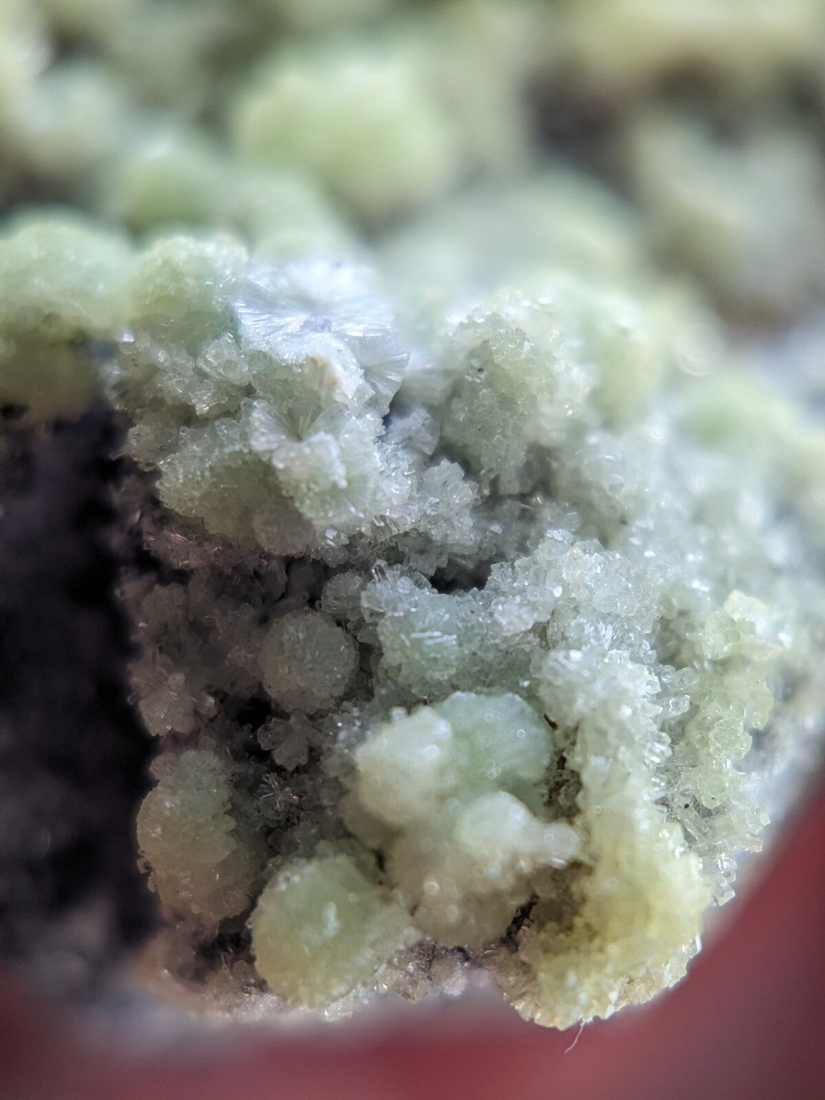 A cluster of translucent, pale green crystalline formations with a rough, textured surface.