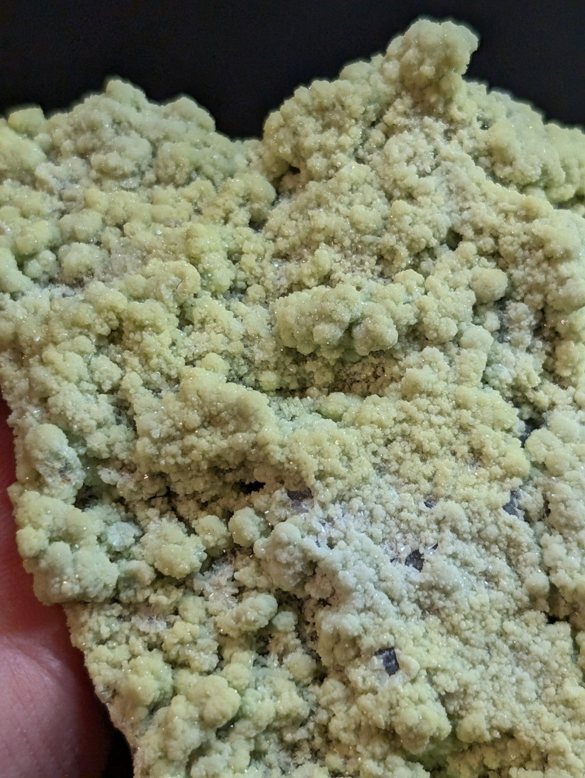 A textured, pale green mineral specimen with a crystalline, bumpy surface.
