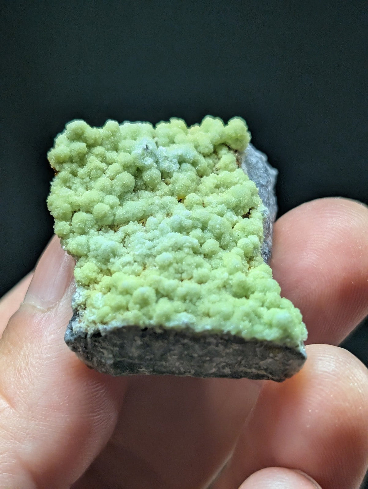 A vibrant lime-green, bumpy mineral specimen with a textured surface and dark gray rock base.