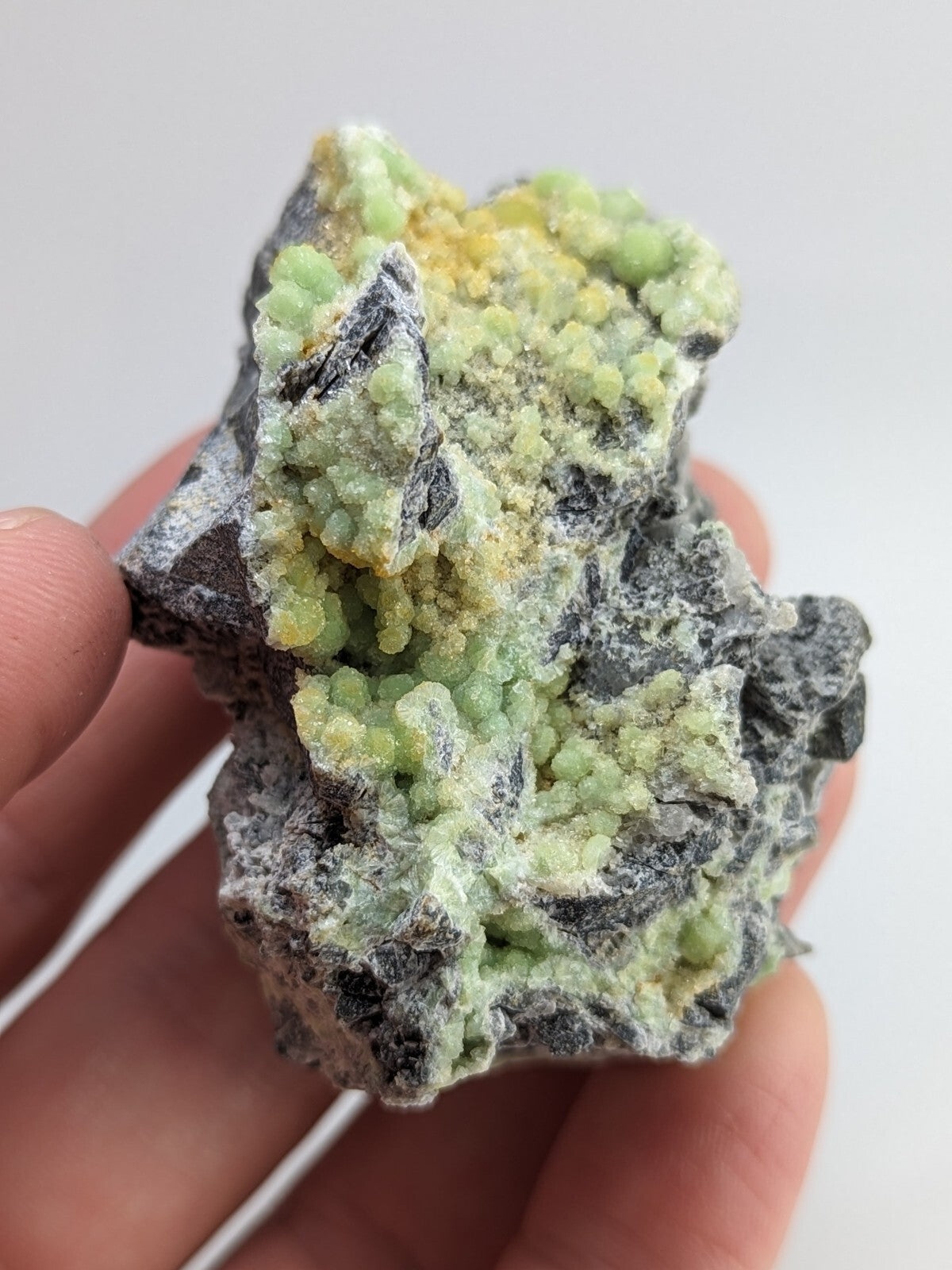 A hand holds a rough, irregularly shaped mineral specimen featuring clusters of light green and yellowish crystals growing from a dark gray matrix.