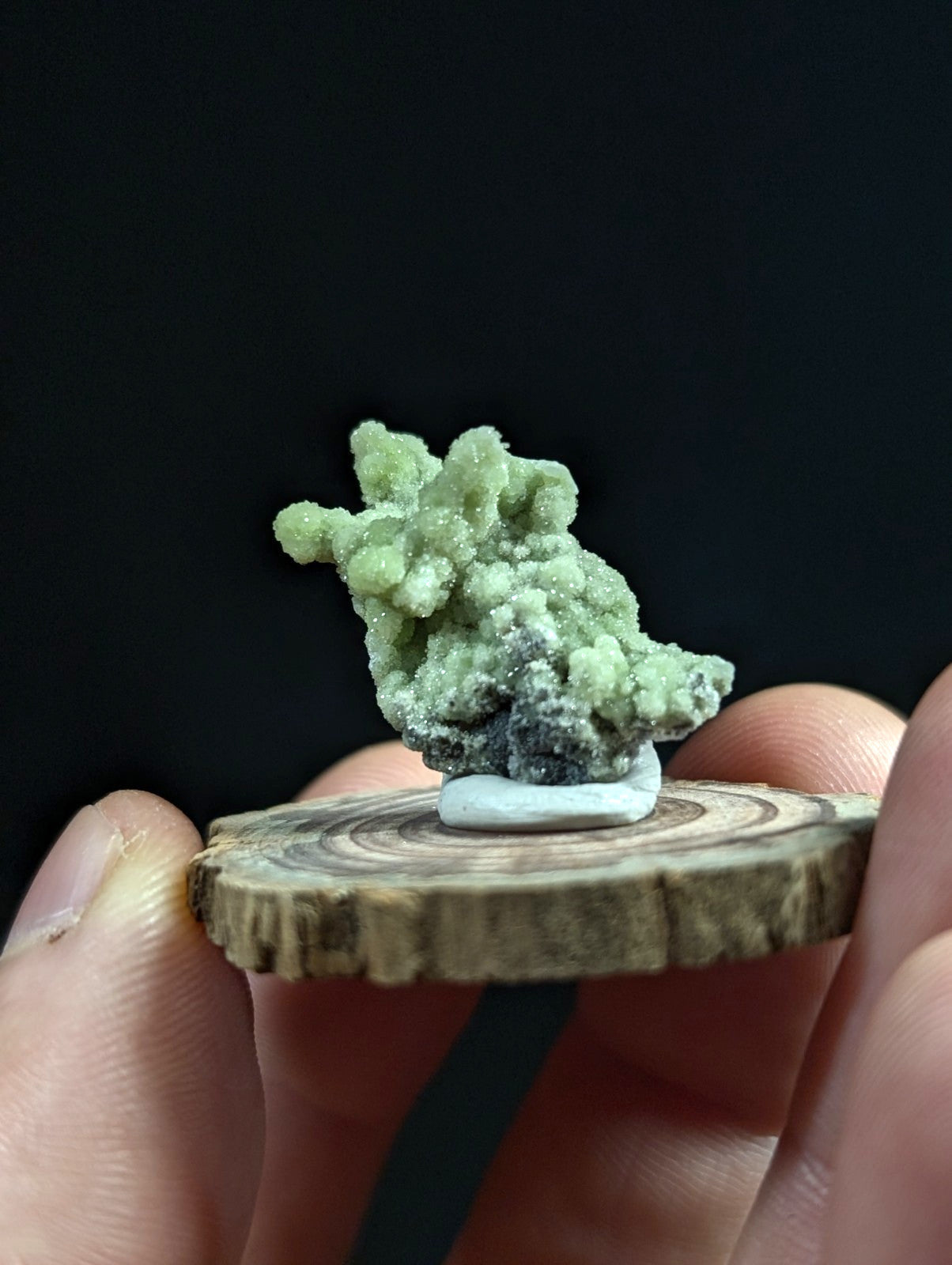A delicate, light green mineral specimen with a crystalline, branching structure and subtle grayish base.