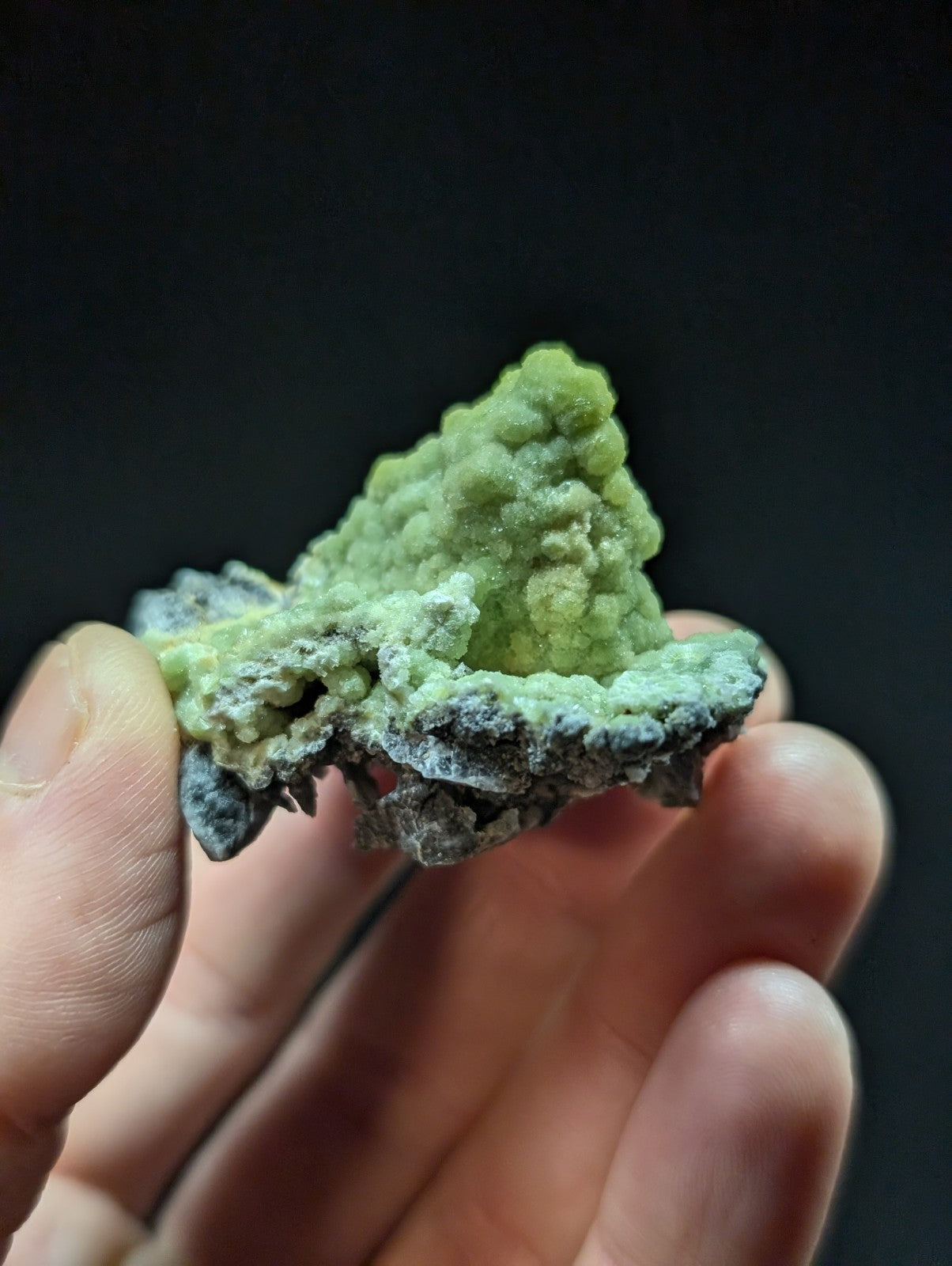 A hand holds a vibrant green, textured mineral specimen with crystalline formations and dark gray matrix.
