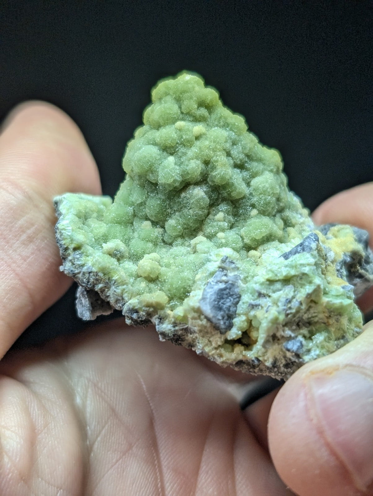 A vibrant green, textured mineral specimen with a bumpy, cauliflower-like surface and dark gray matrix.