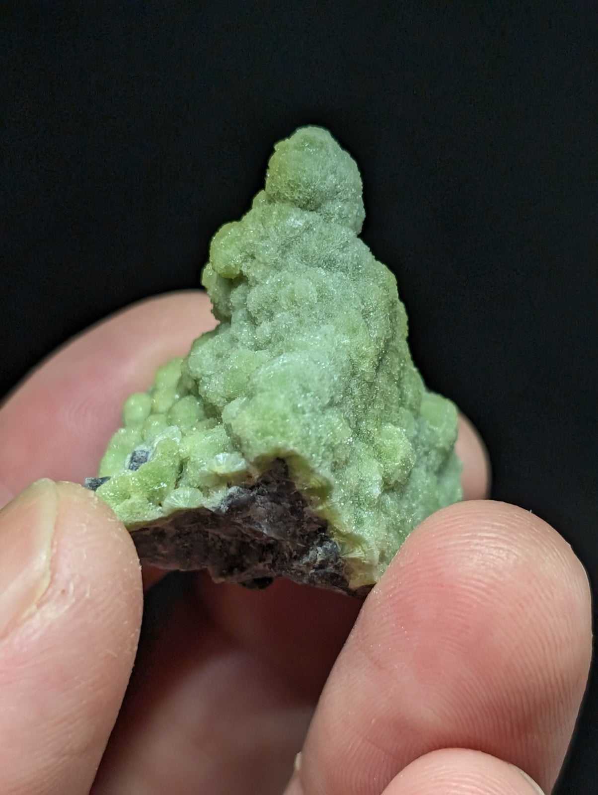 A textured, light green mineral specimen with a rough, crystalline surface and dark base.