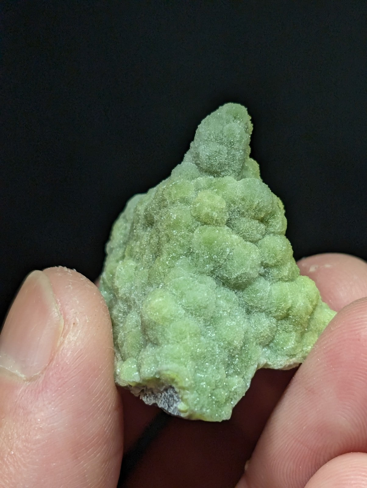 A textured, light green mineral specimen with a rough, bumpy surface and subtle crystalline formations.