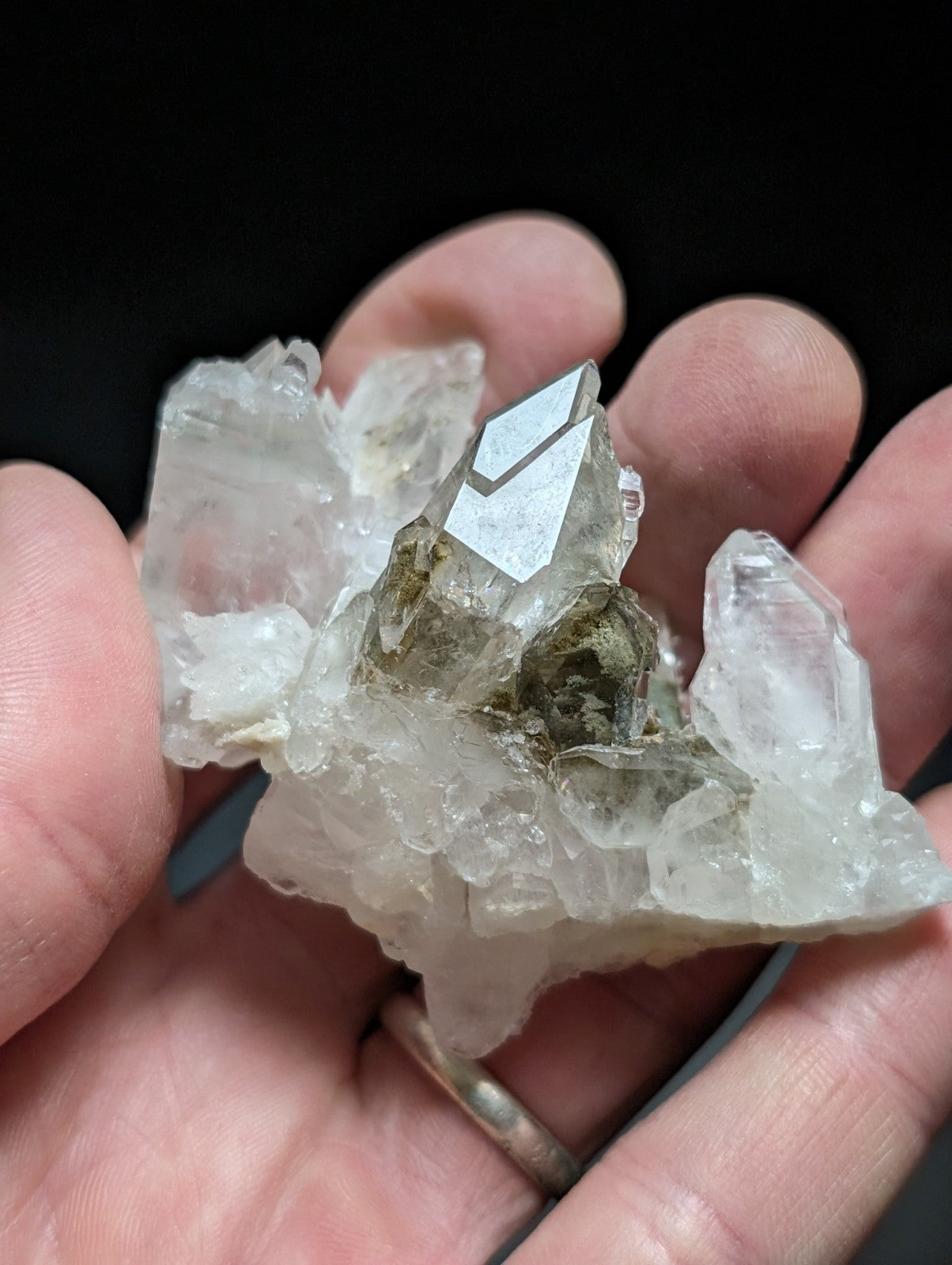 A translucent quartz crystal cluster with a prominent clear, faceted point and surrounding milky white formations.