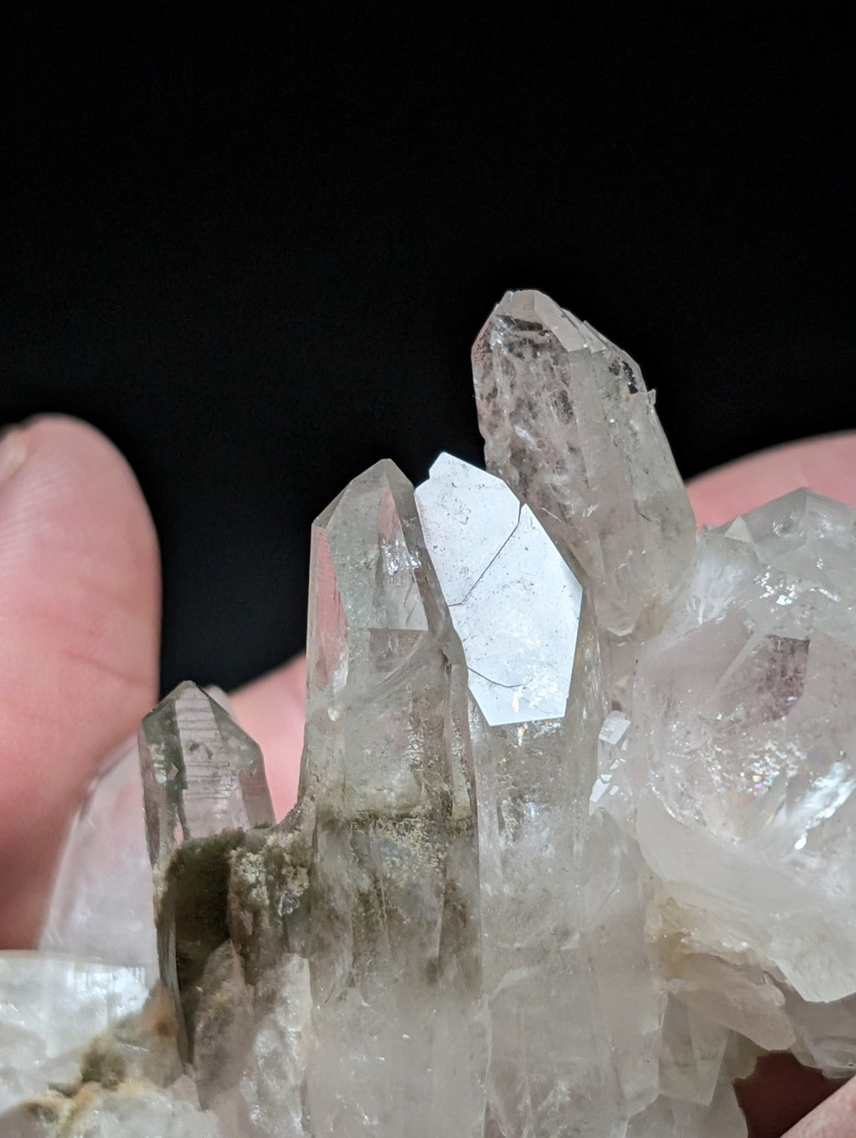 A cluster of clear, translucent quartz crystals with sharp, pointed tips and subtle internal inclusions.