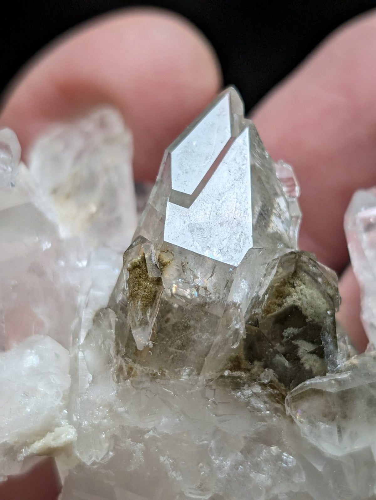 A clear quartz crystal cluster with sharp, geometric facets and a translucent quality.