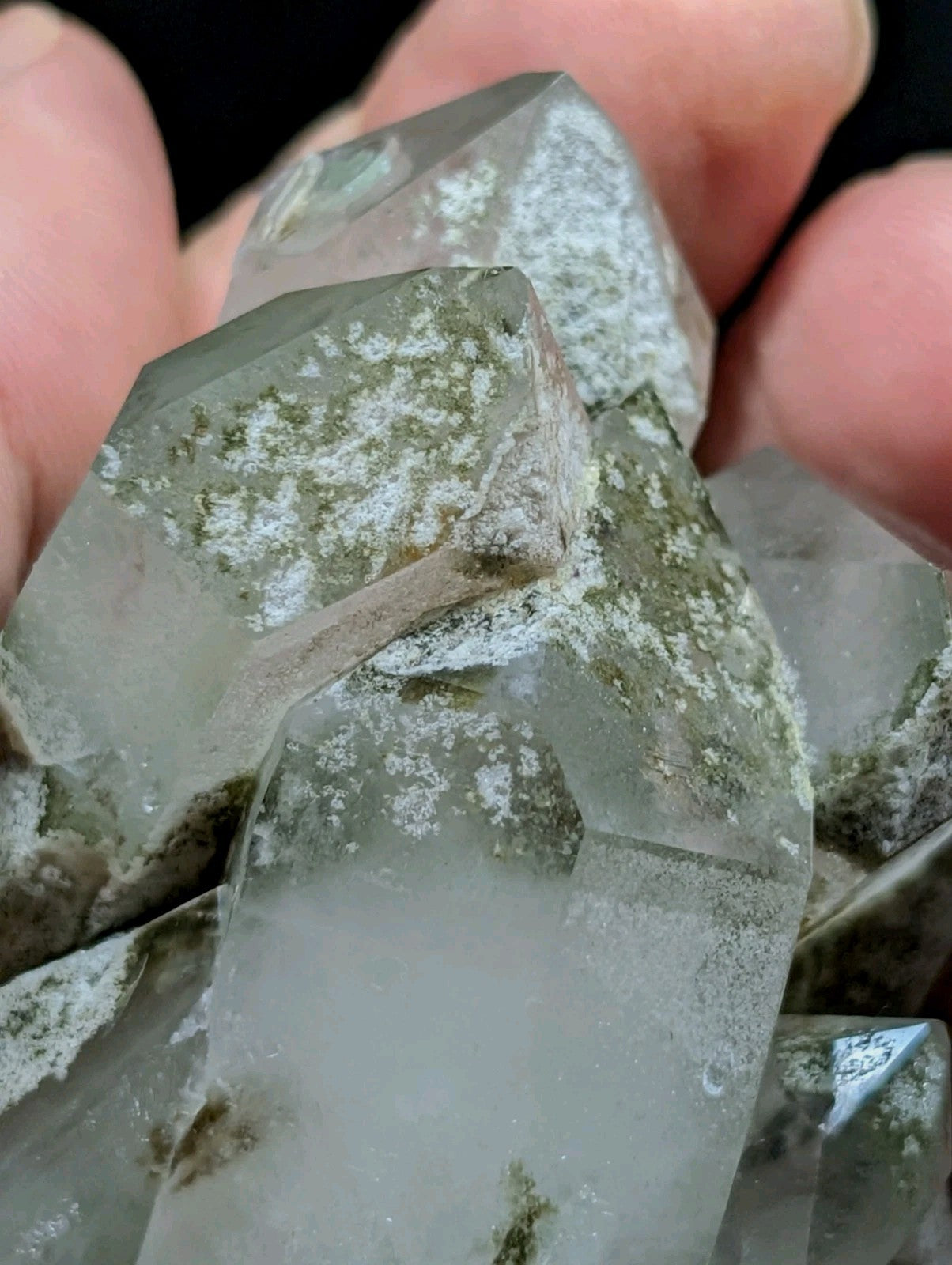 A cluster of translucent green quartz crystals with natural mineral inclusions and a slightly cloudy, milky appearance.