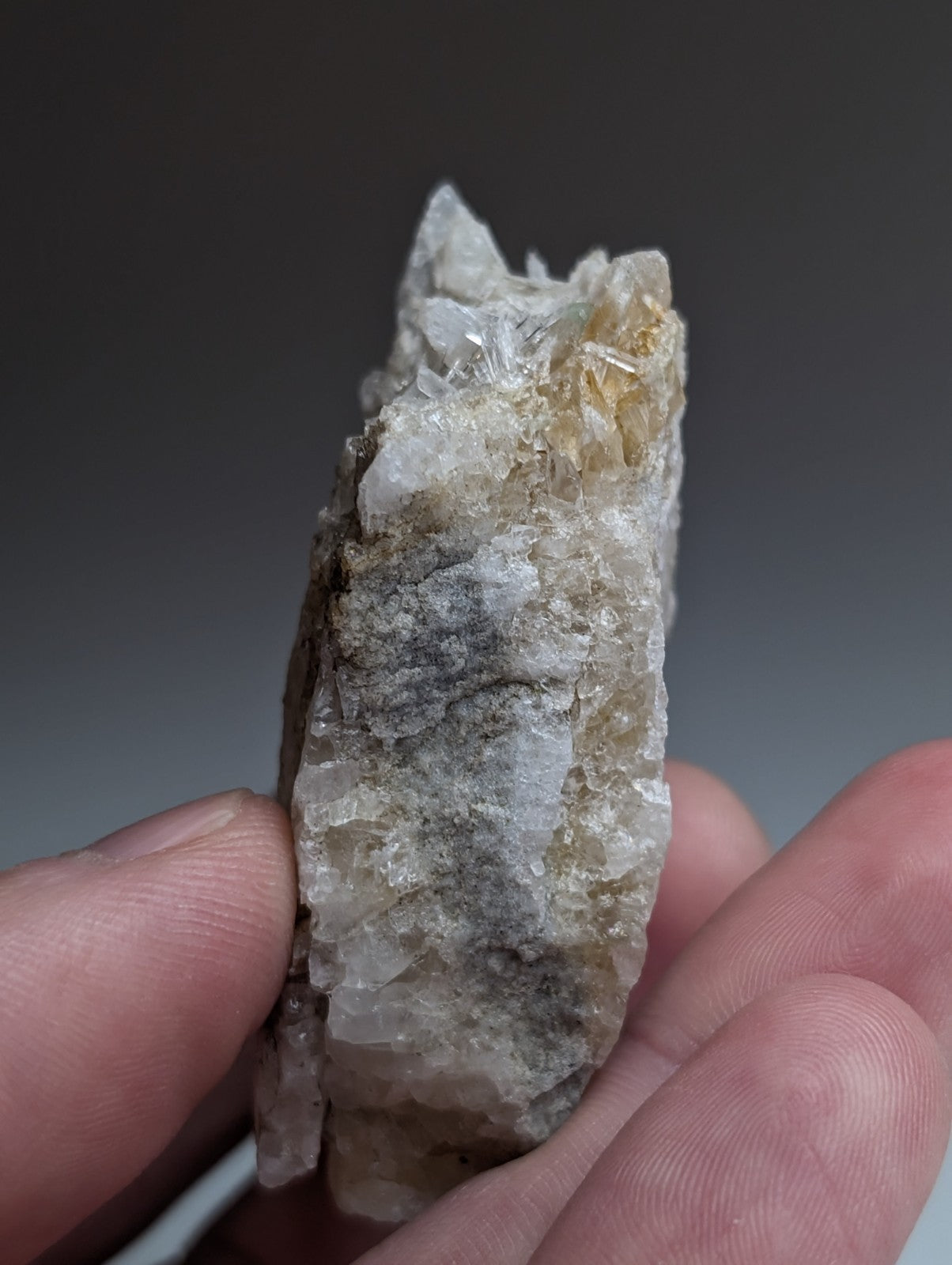 Green cookeite on solution quartz cluster with clear and golden-yellow hues from saline county arkansas rare uv reactive