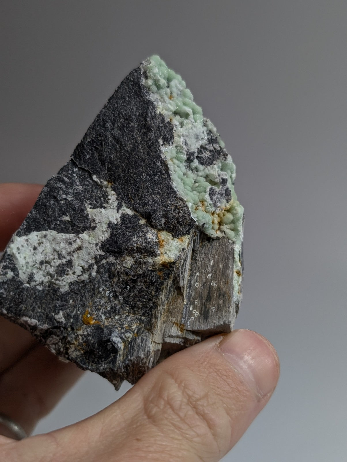 A hand holds a dark gray rock specimen featuring patches of light green mineral growth and specks of yellow.
