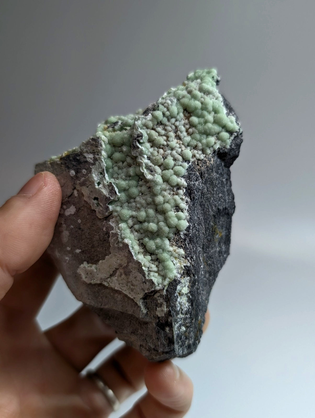 A hand holds a dark gray rock specimen featuring clusters of light green, bumpy mineral formations.