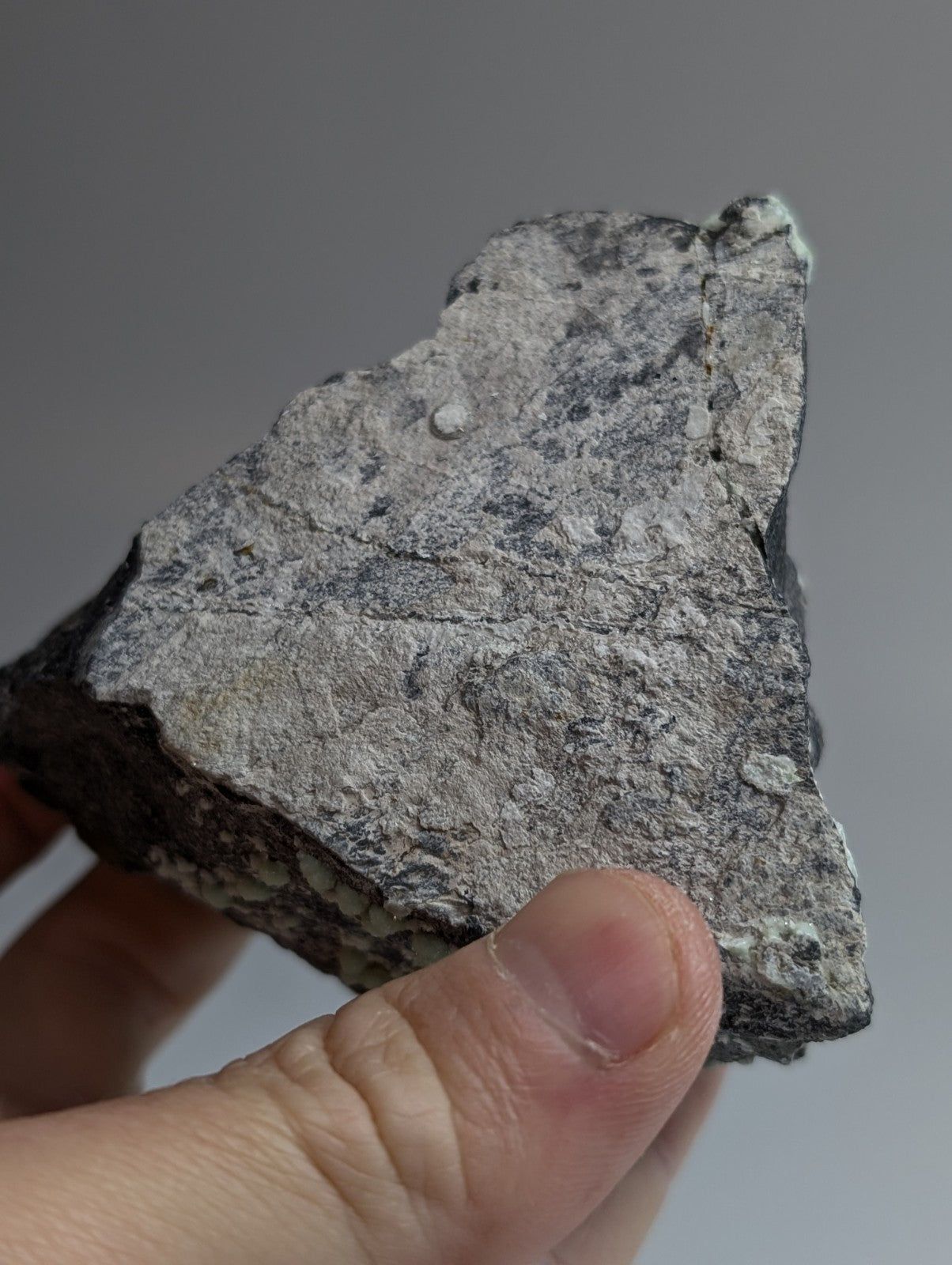 A rough, irregularly shaped gray rock fragment with a textured surface and visible mineral inclusions.