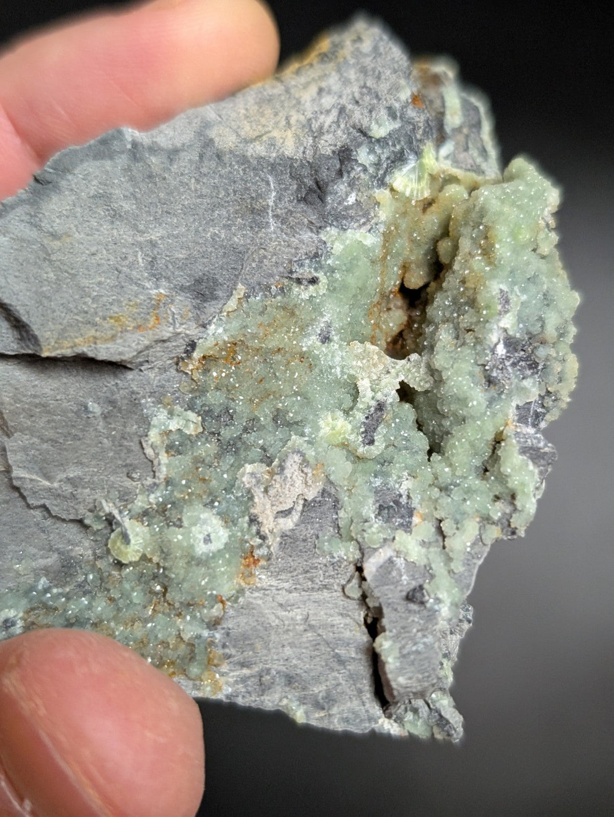 A gray rock specimen featuring a textured surface with patches of light green, crystalline mineral growths.