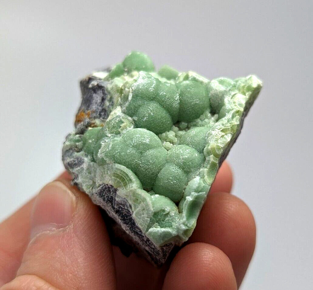 A hand holds a light green, bumpy mineral specimen with rounded nodules and dark gray matrix.