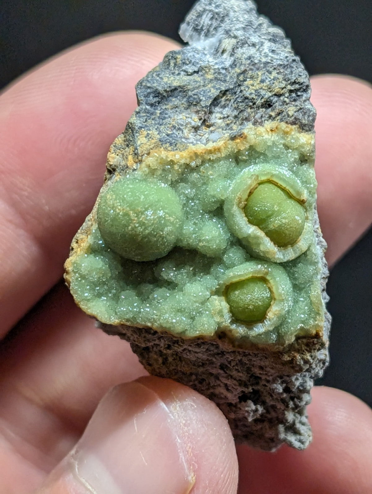 A hand holds a rough, grayish rock specimen featuring three distinct green spherical crystals embedded in its surface.