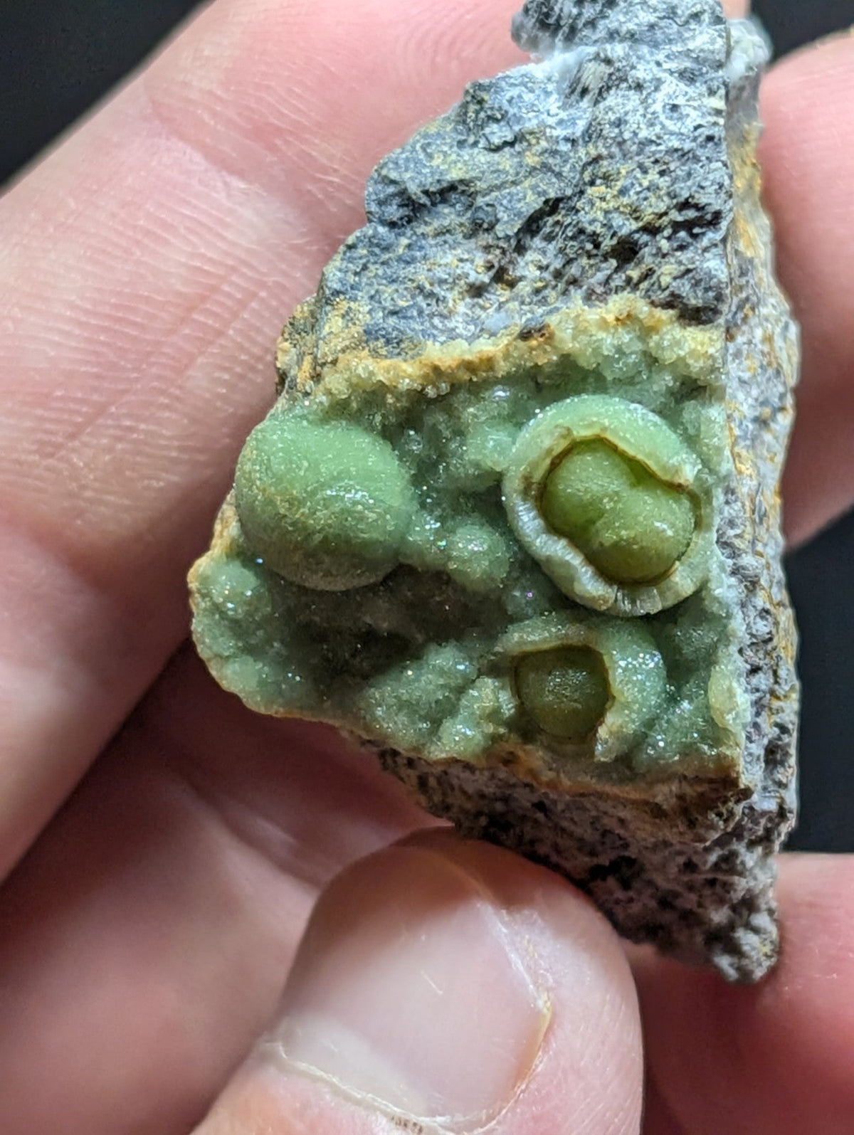 A hand holds a piece of green mineral with rounded, bulbous formations embedded in a grayish rock matrix.