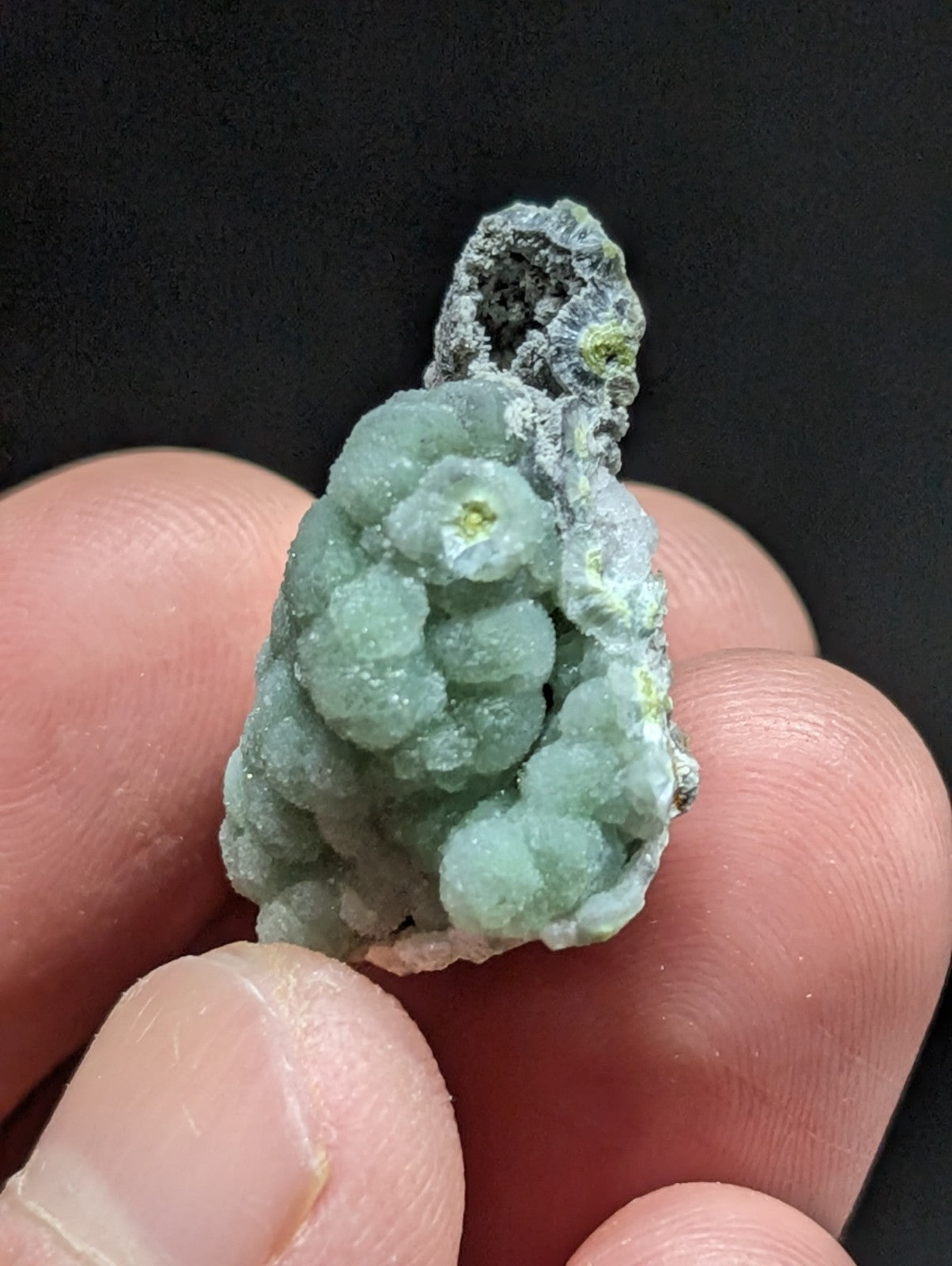A delicate, pale green mineral specimen with a textured, clustered surface and a rough, dark gray matrix at its top.